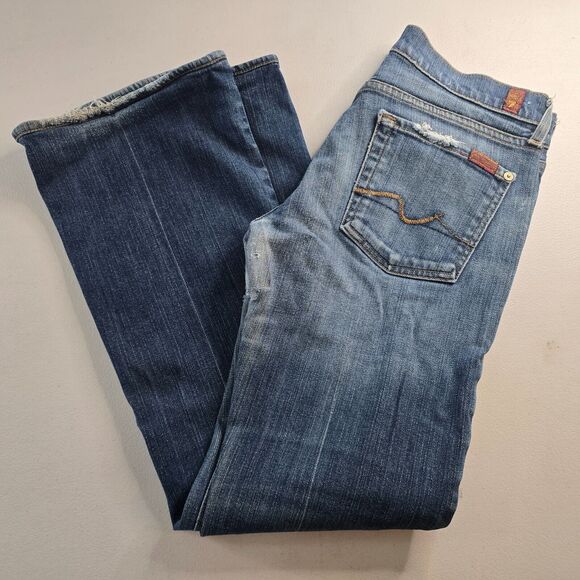 7 For All Mankind Jeans Women's 28 Blue Flare Medium Wash Slight Distress - Picture 12 of 16